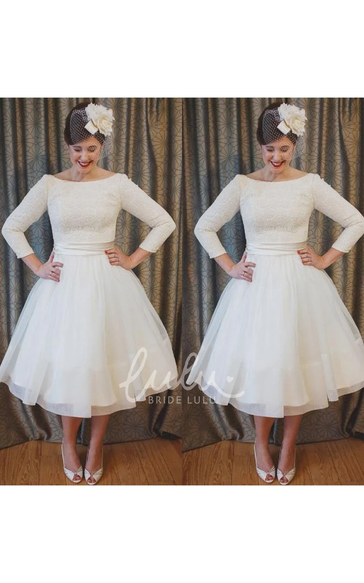 Tea Length Lace and Organza Plus Size Wedding Dress with Long Sleeves