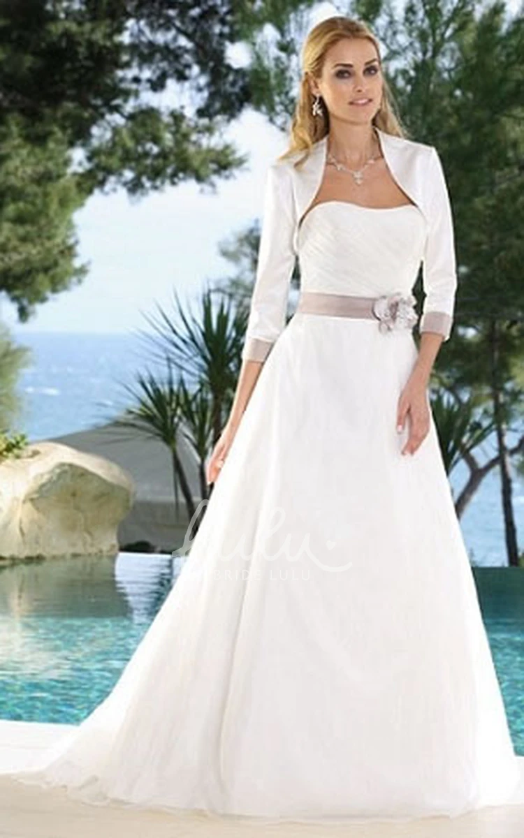 Satin Floral Wedding Dress with Ruching and Cape Strapless Floor-Length