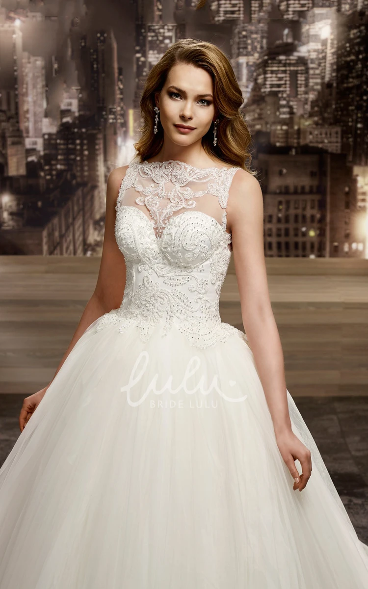 Jewel-Neck Lace Corset A-Line Wedding Dress with Cap Sleeves and Brush Train