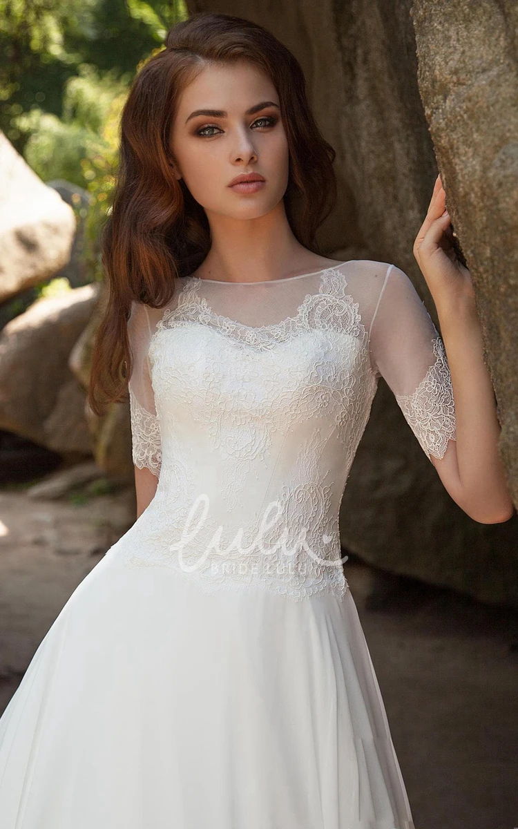 Lace Illusion Ball Gown Wedding Dress with Short Sleeves and Bateau Neckline