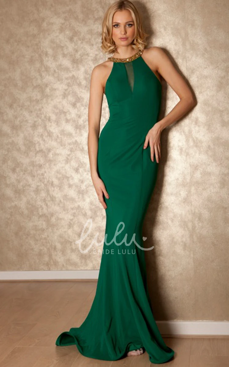 High Neck Sleeveless Mermaid Jersey Prom Dress with Beading Unique Formal Dress