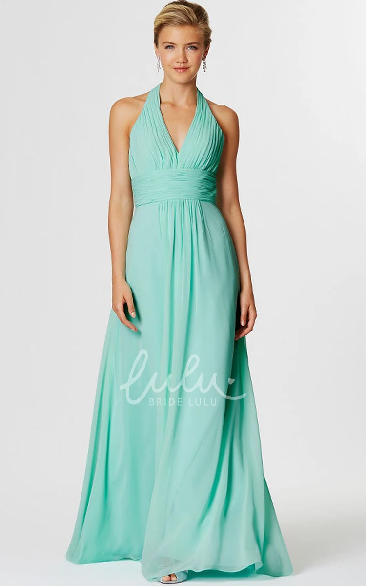 Halter Chiffon Bridesmaid Dress Maxi Ruched Sleeveless