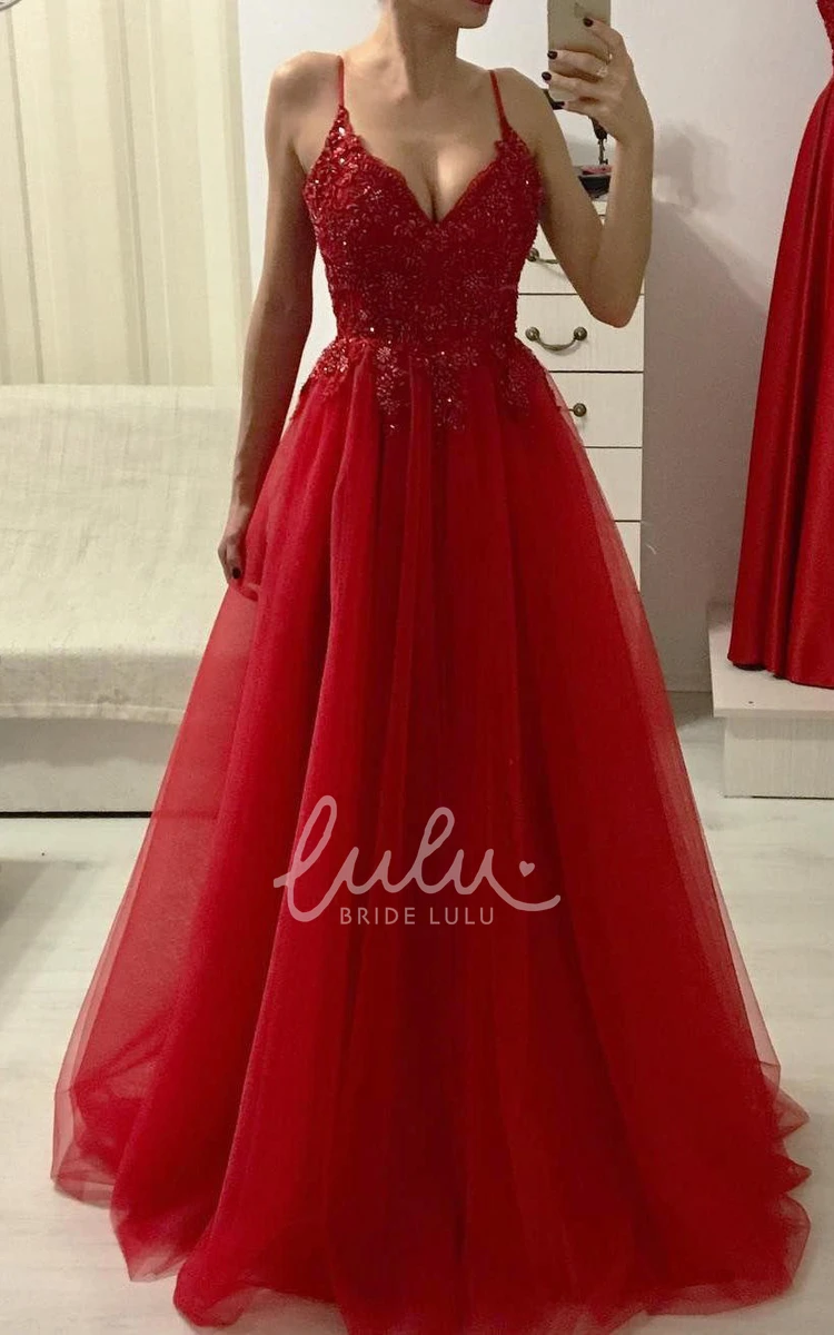 Simple Sleeveless Tulle Evening Dress with Appliques A Line Beaded