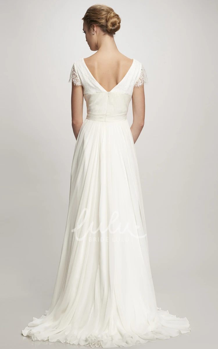 Cap-Sleeve Chiffon Wedding Dress with Sweep Train and V-Back Ruched Maxi Bateau