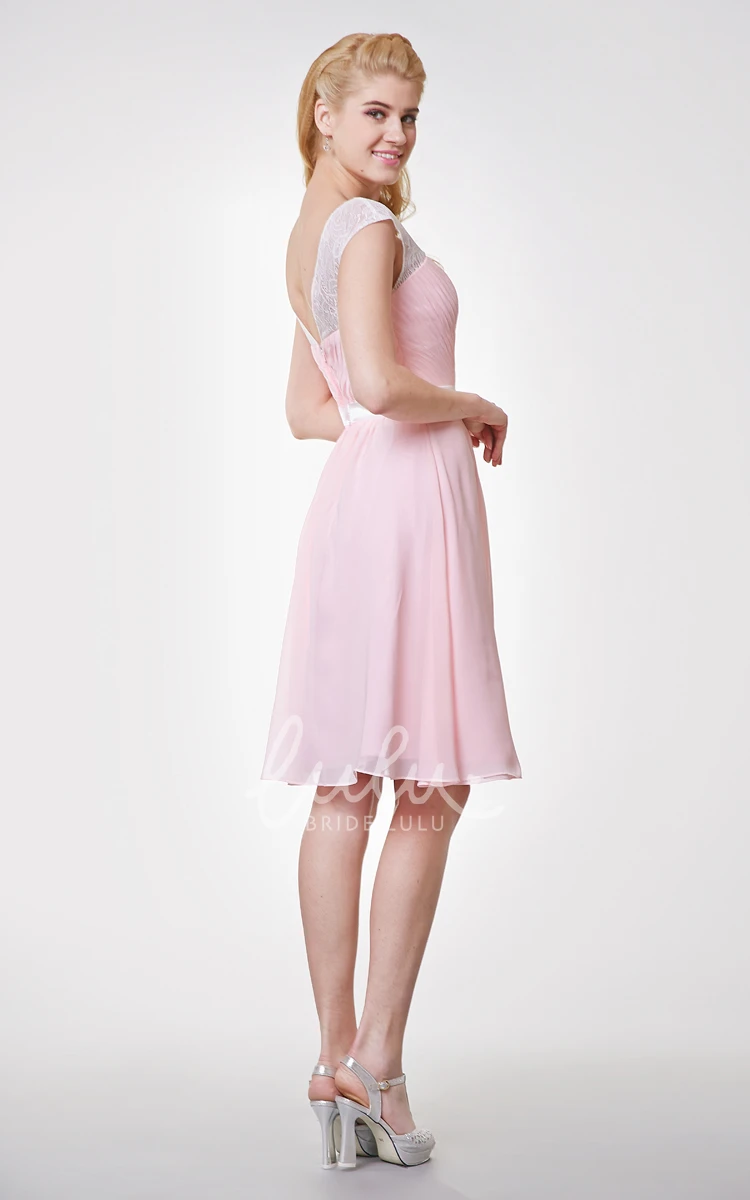 Knee Length Lace Chiffon A-line Dress Cap-sleeved and Sweet