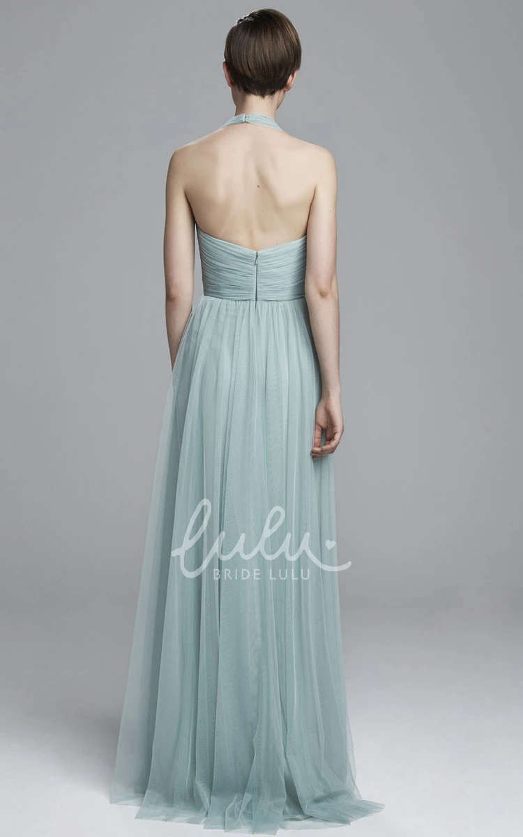 Haltered A-Line Tulle Bridesmaid Dress with Ruched Pleats