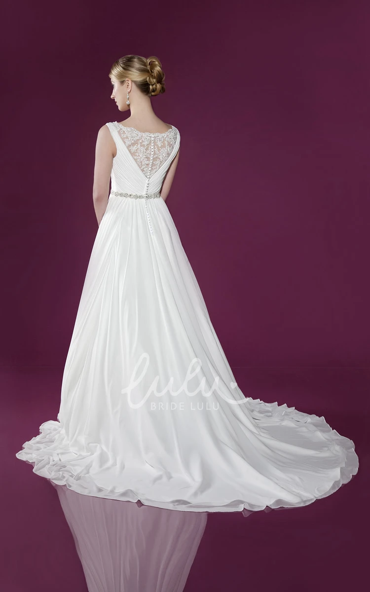 Chiffon V-Neck Wedding Dress with Ruched Detail and Court Train