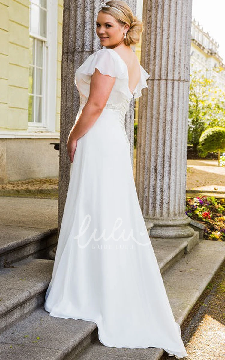Crystal Ruffled Short Sleeve Wedding Dress with V-Neck and Lace-Up