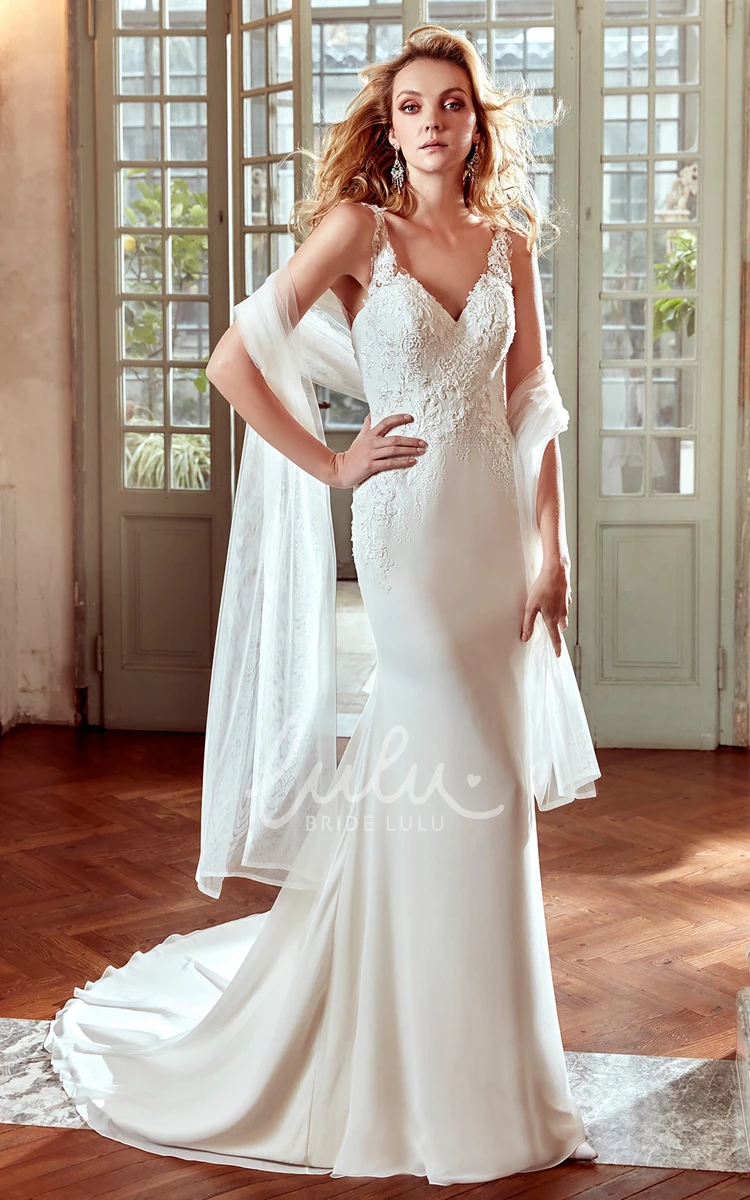 Lace Floral Straps V-Neck Sheath Wedding Dress with Brush Train