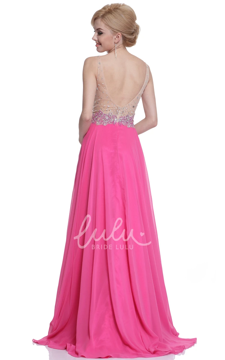 Chiffon A-Line Dress with Pleats Beading and Deep-V Back for Formal Events