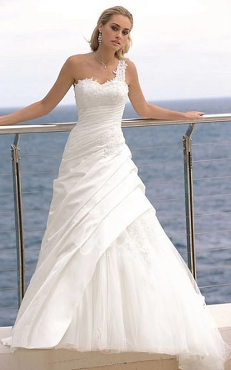 Satin&Tulle A-Line One-Shoulder Wedding Dress with Ruching and Appliques