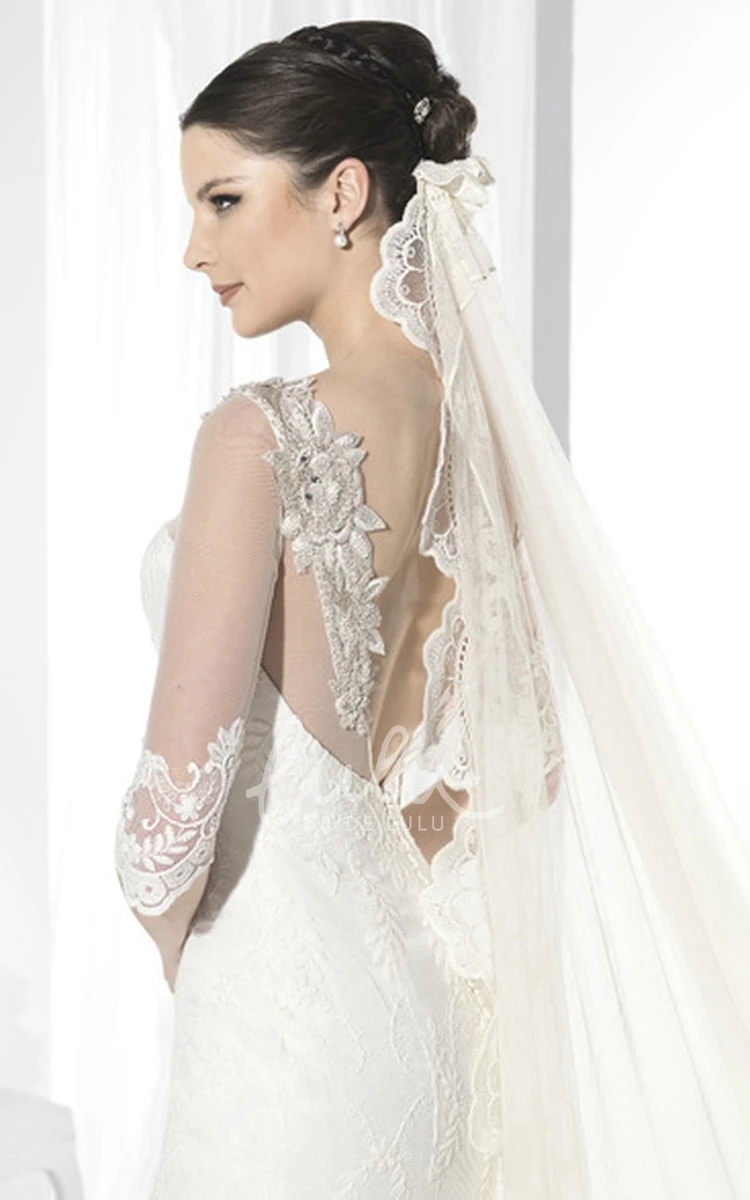 Appliqued Lace Half-Sleeve Wedding Dress with Deep-V Back Classic Bridal Gown