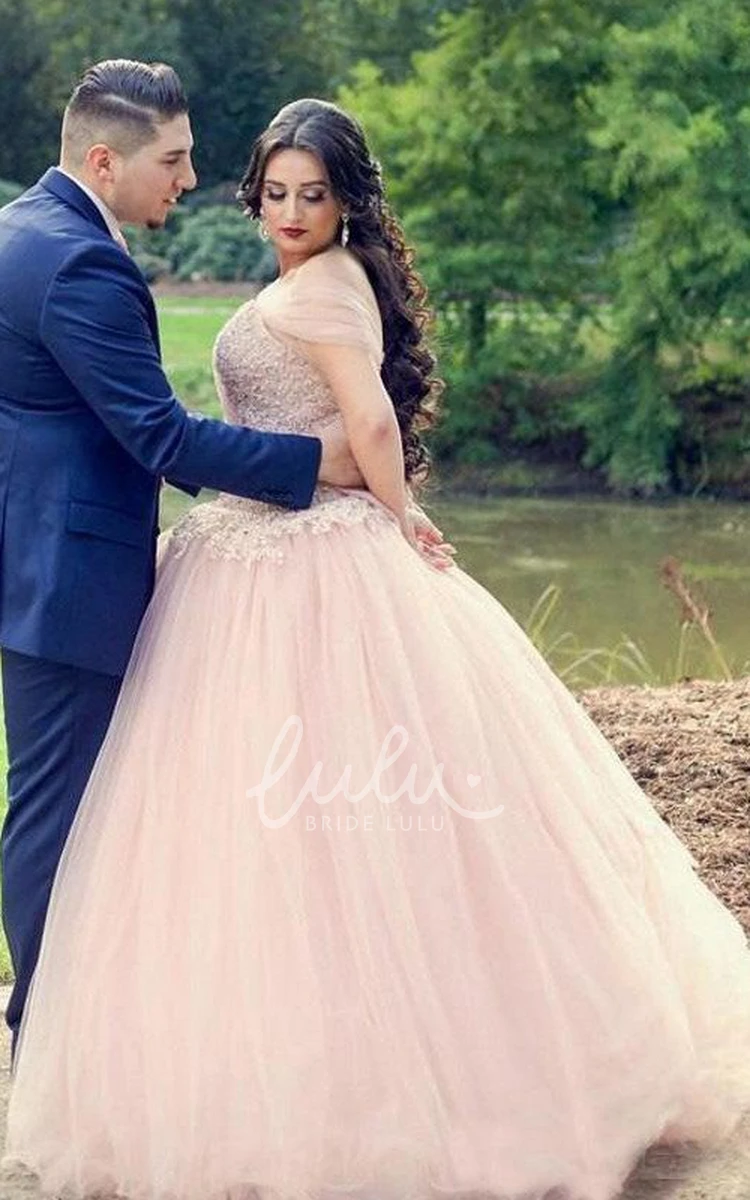 Off-the-Shoulder Lace Tulle Ball Gown Formal Dress with Cap Sleeves