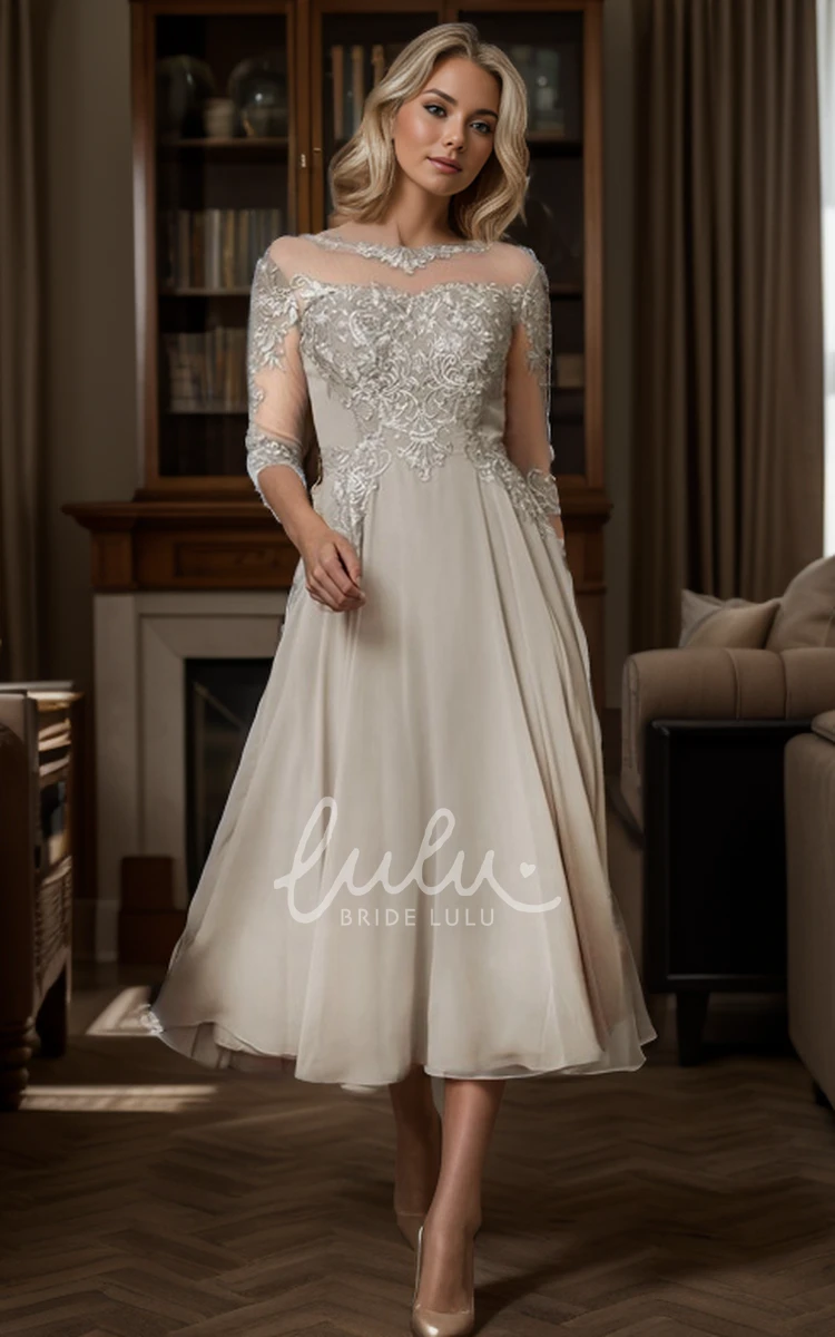 A-Line Jewel Tea Length Chiffon Illusion Gorgeous Mother of Bride Gown Delicate Lace Applique