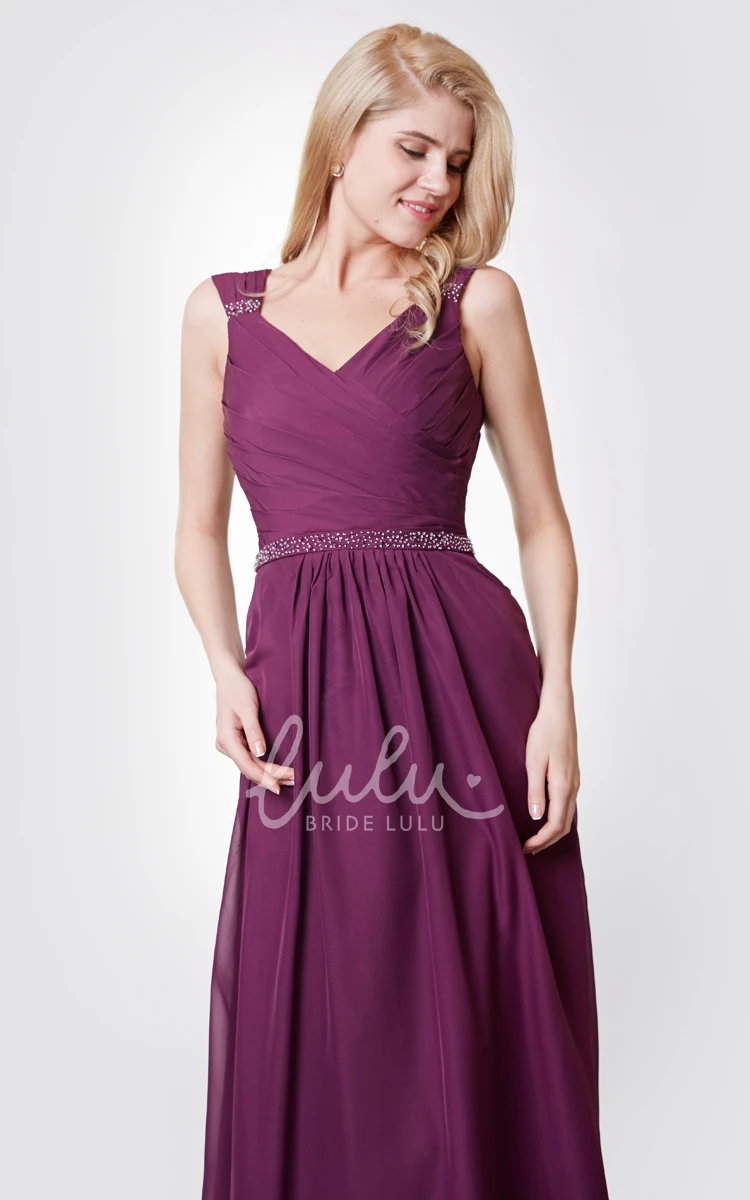 Chiffon Formal Dress with Beading Waist V-neck Sleeveless Graceful