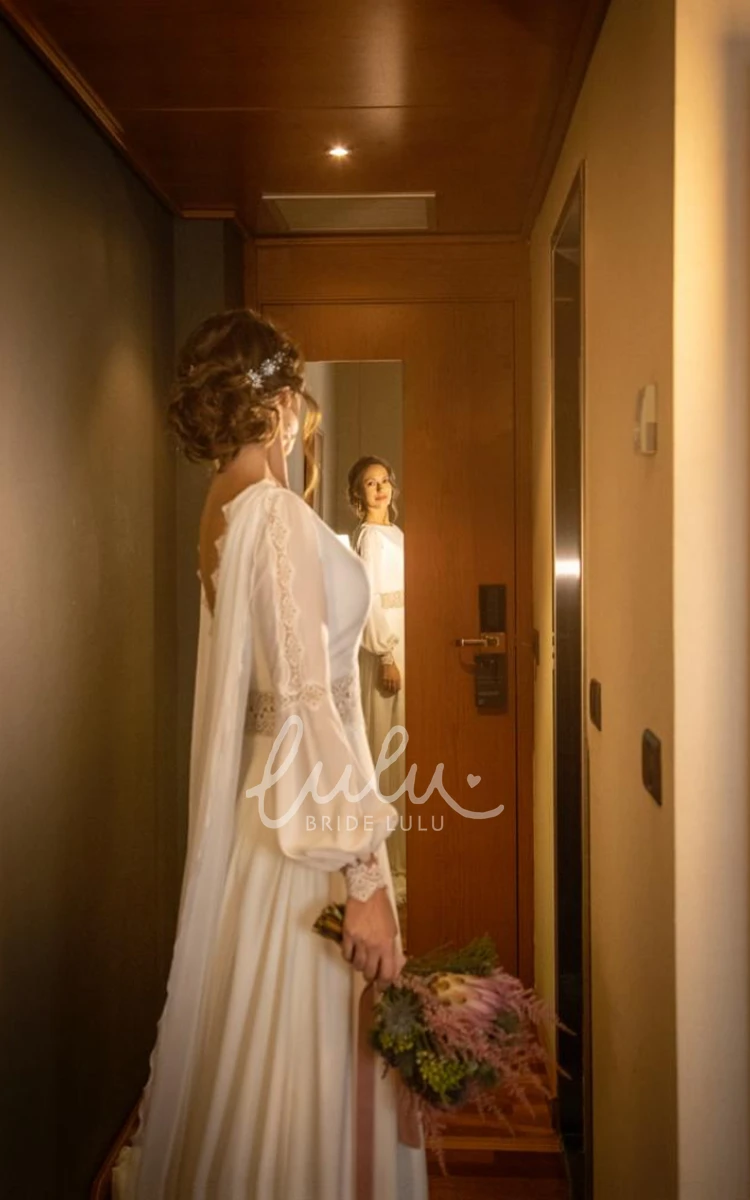 Romantic Chiffon Wedding Dress with Poet Sleeves A-Line Bateau
