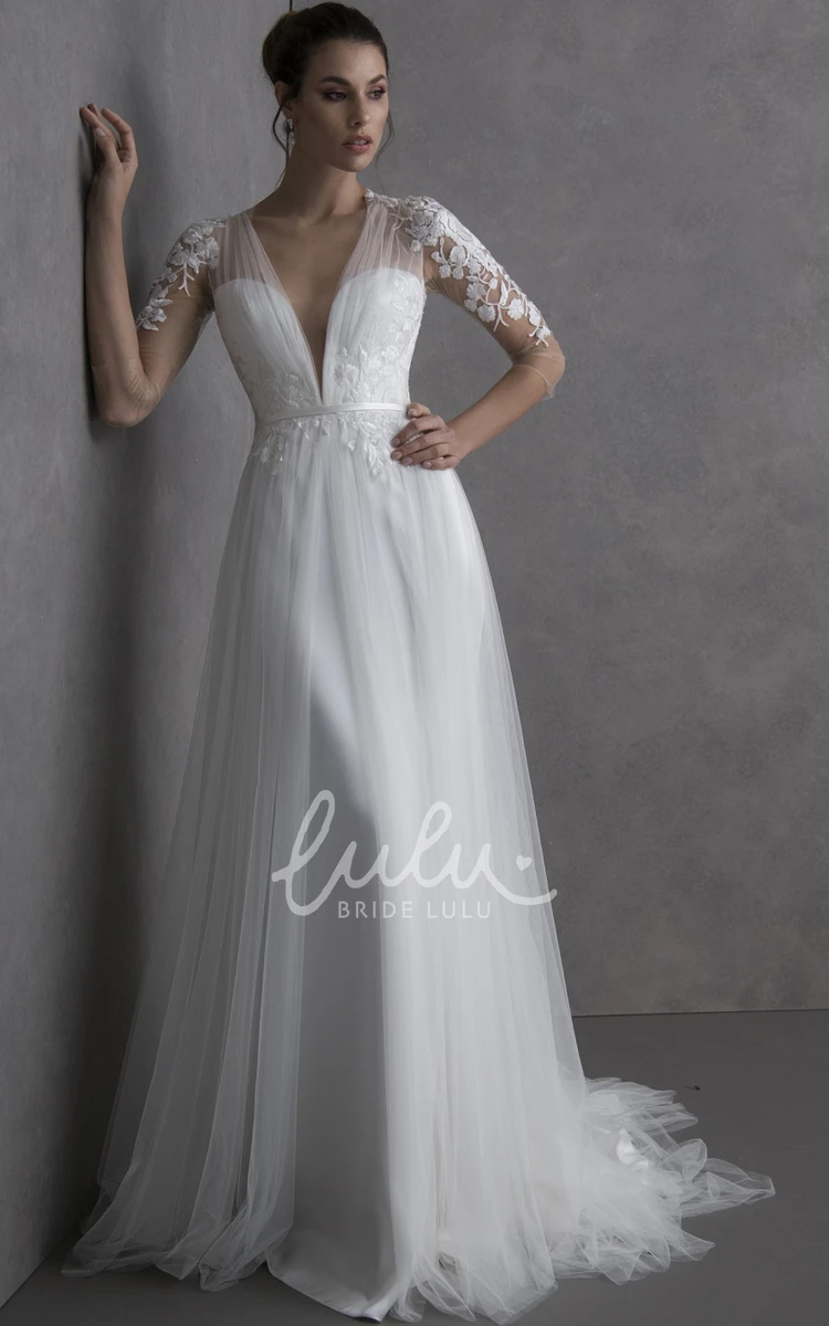 Satin Applique A-Line Wedding Dress with 3/4 Sleeves Elegant Bridal Gown
