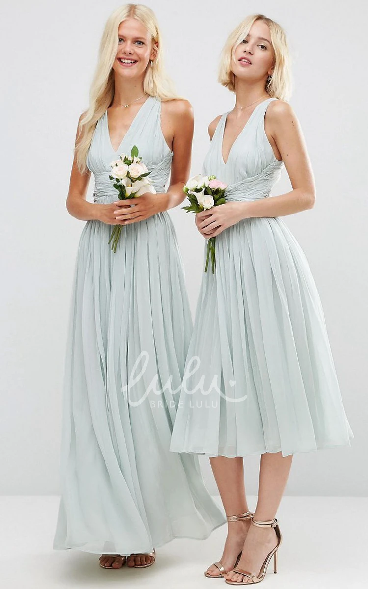 Ruched V-Neck Chiffon Bridesmaid Dress Ankle-Length A-Line