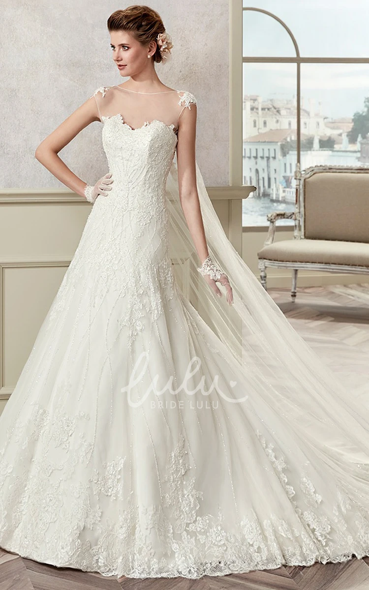 Lace A-Line Wedding Dress with Jewel Neckline and Cap Train Elegant Bridal Gown