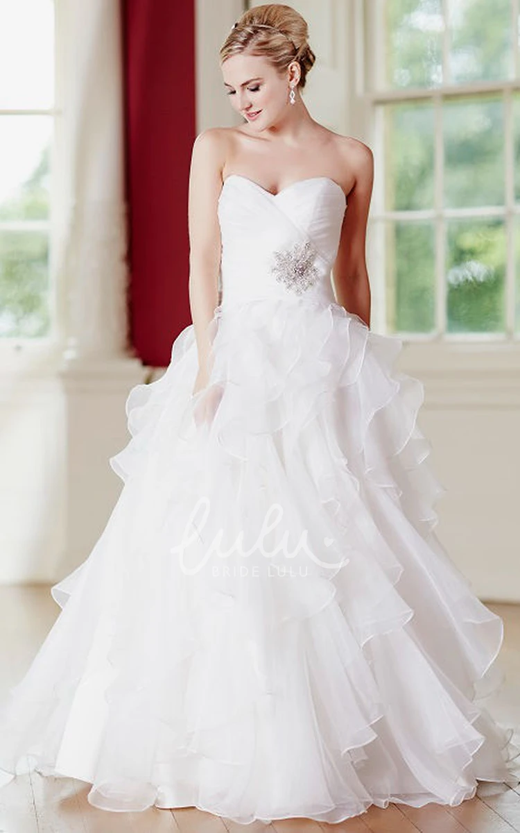 Ruffled Sweetheart Tulle Wedding Dress with Criss Cross and Broach Floor-Length
