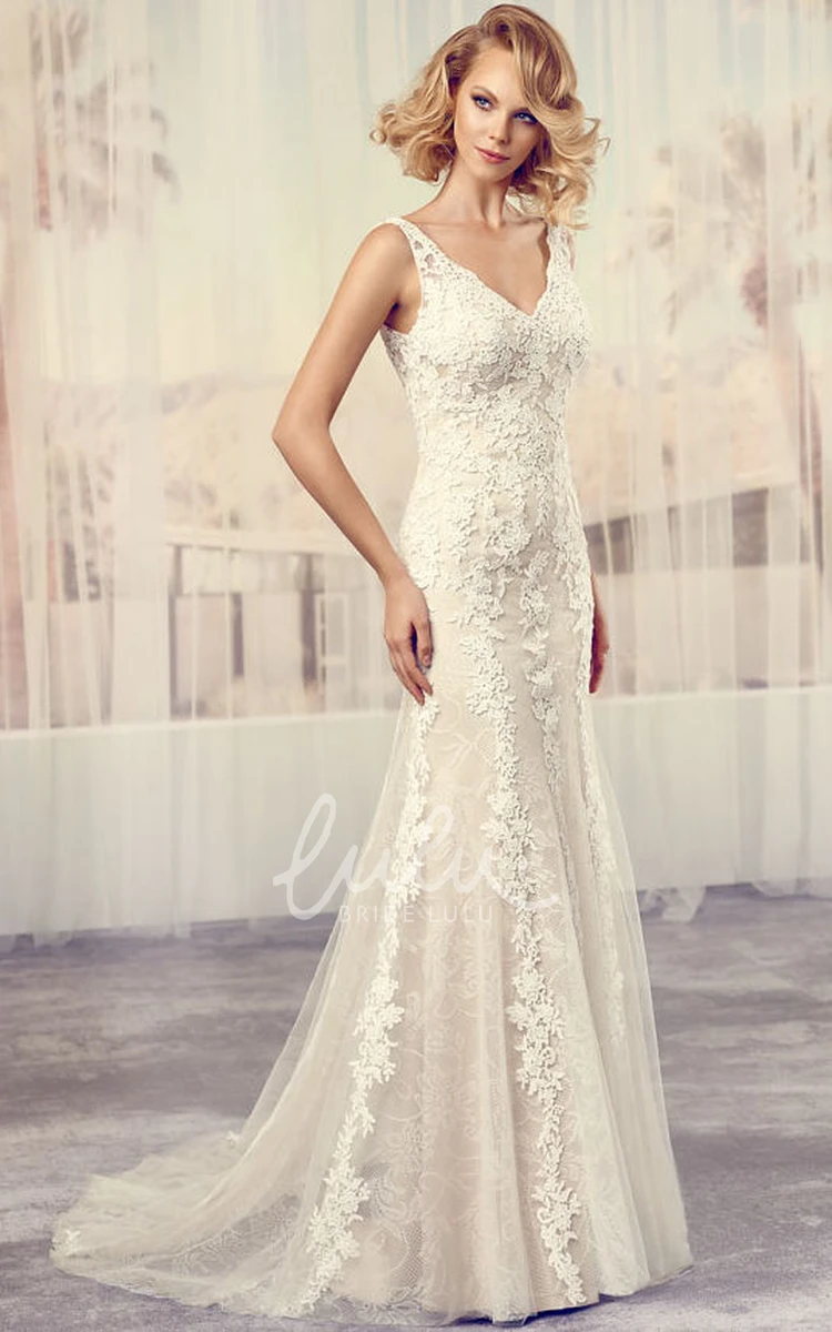 Appliqued Lace Floor-Length Wedding Dress with Court Train Stunning Bridal Gown
