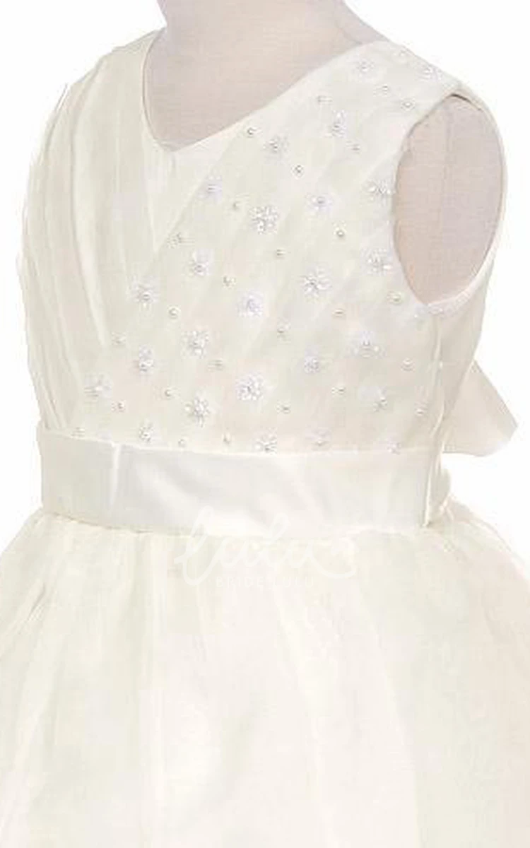 V-Neck Organza and Satin Flower Girl Dress with Tiered Pleated Skirt and Sash