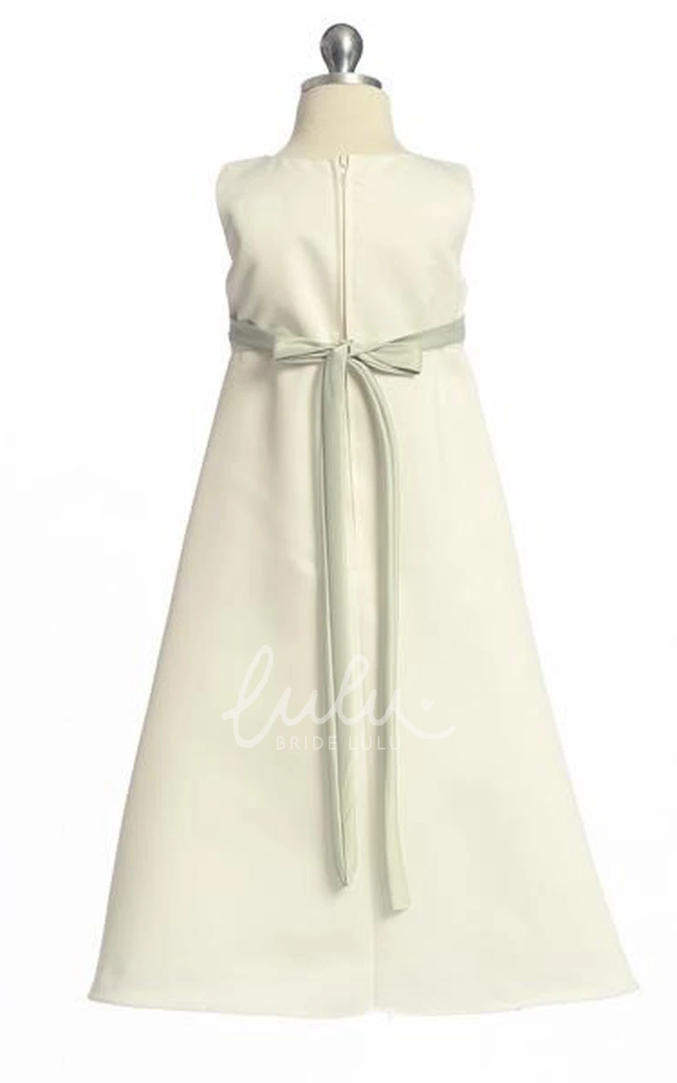 Sleeveless Satin Flower Girl Dress with Bows Ankle-Length Bridesmaid Dress