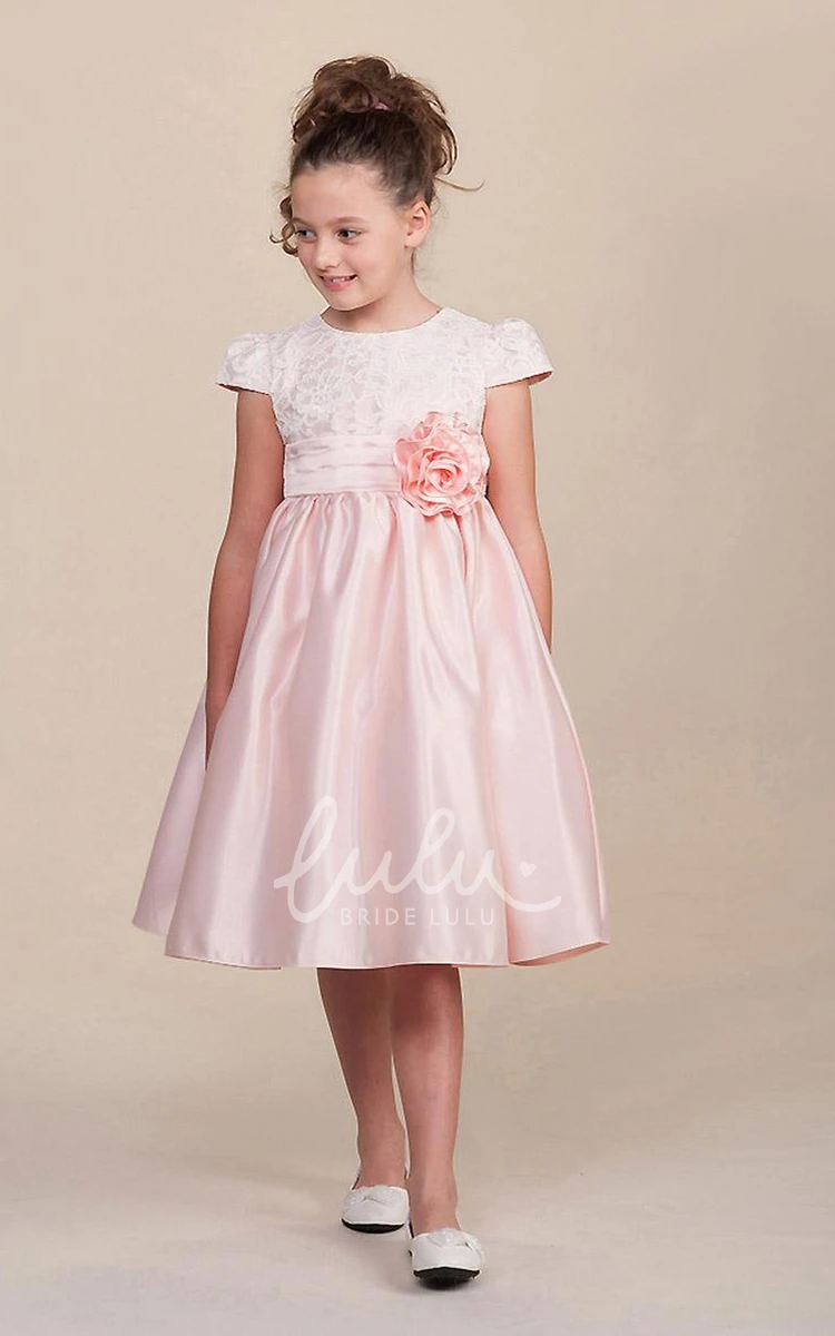 Cap-Sleeve Tiered Lace & Satin Tea-Length Flower Girl Dress Boho Flower Girl Dress