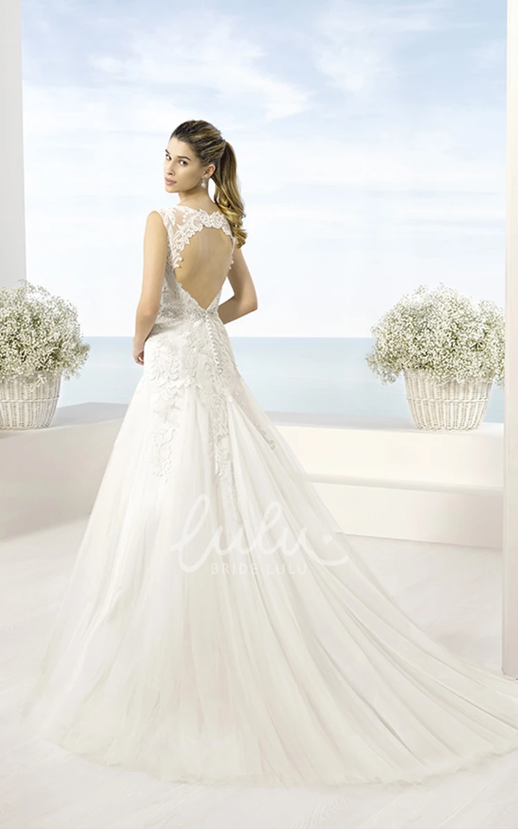 V-Neck Tulle Wedding Dress with Appliques and Pleats + A-Line + Floor-Length