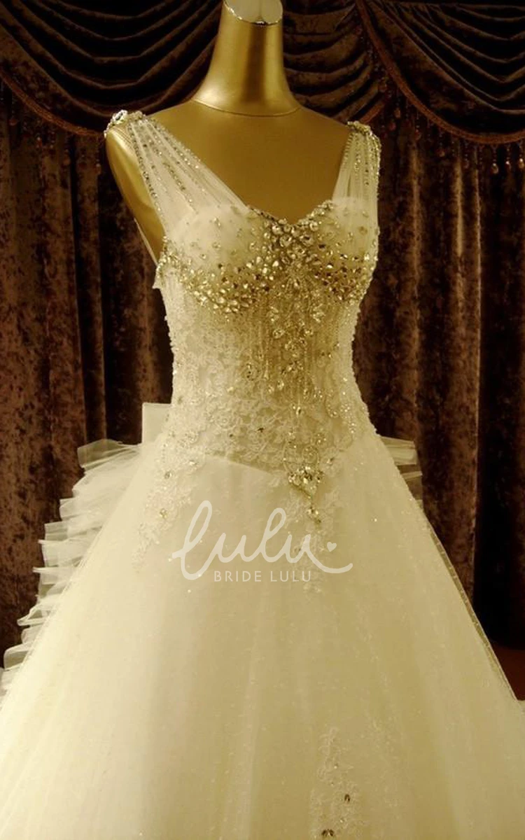 V-Neck Lace Tulle Ball Gown Wedding Dress with Corset Back