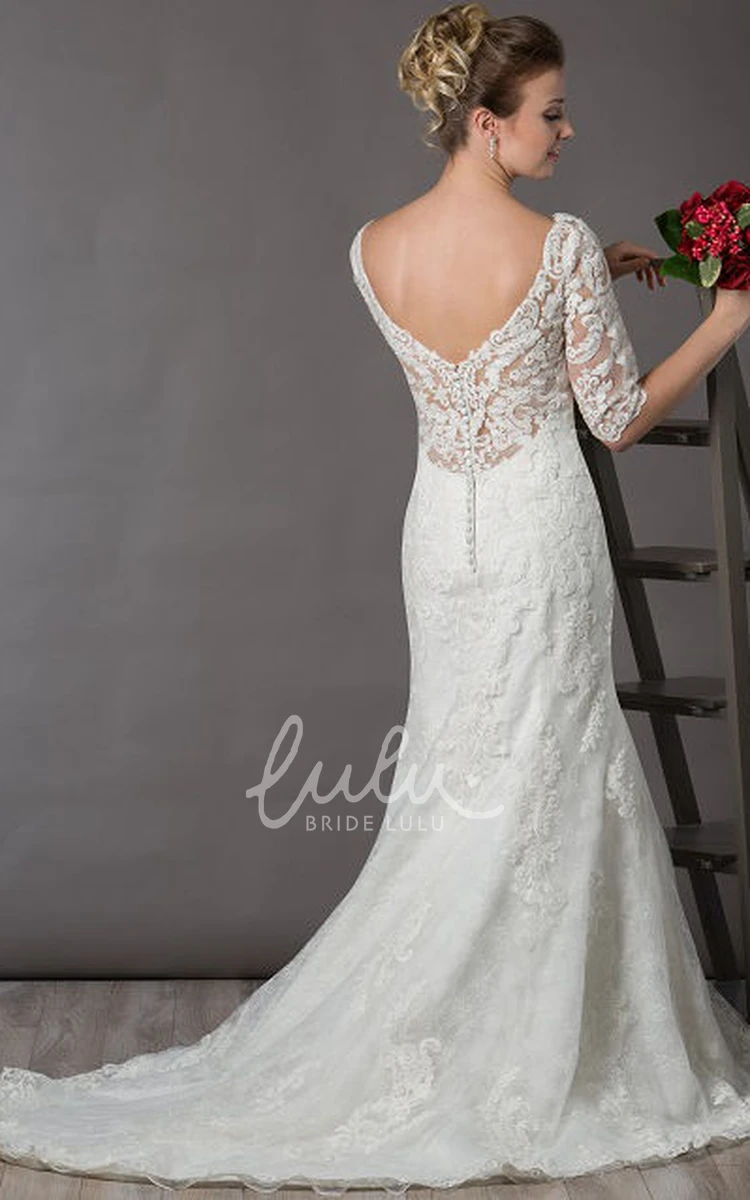 Illusion Half Sleeve Lace Wedding Dress with Scoop Neck and V-Back