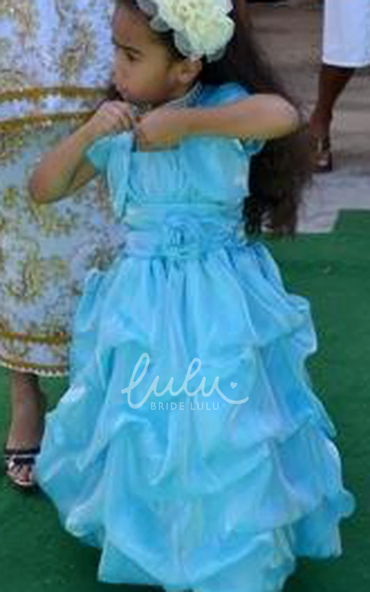 Organza Satin Flower Girl Dress Tea-Length Spaghetti Pick Up Bolero Ruched Wedding