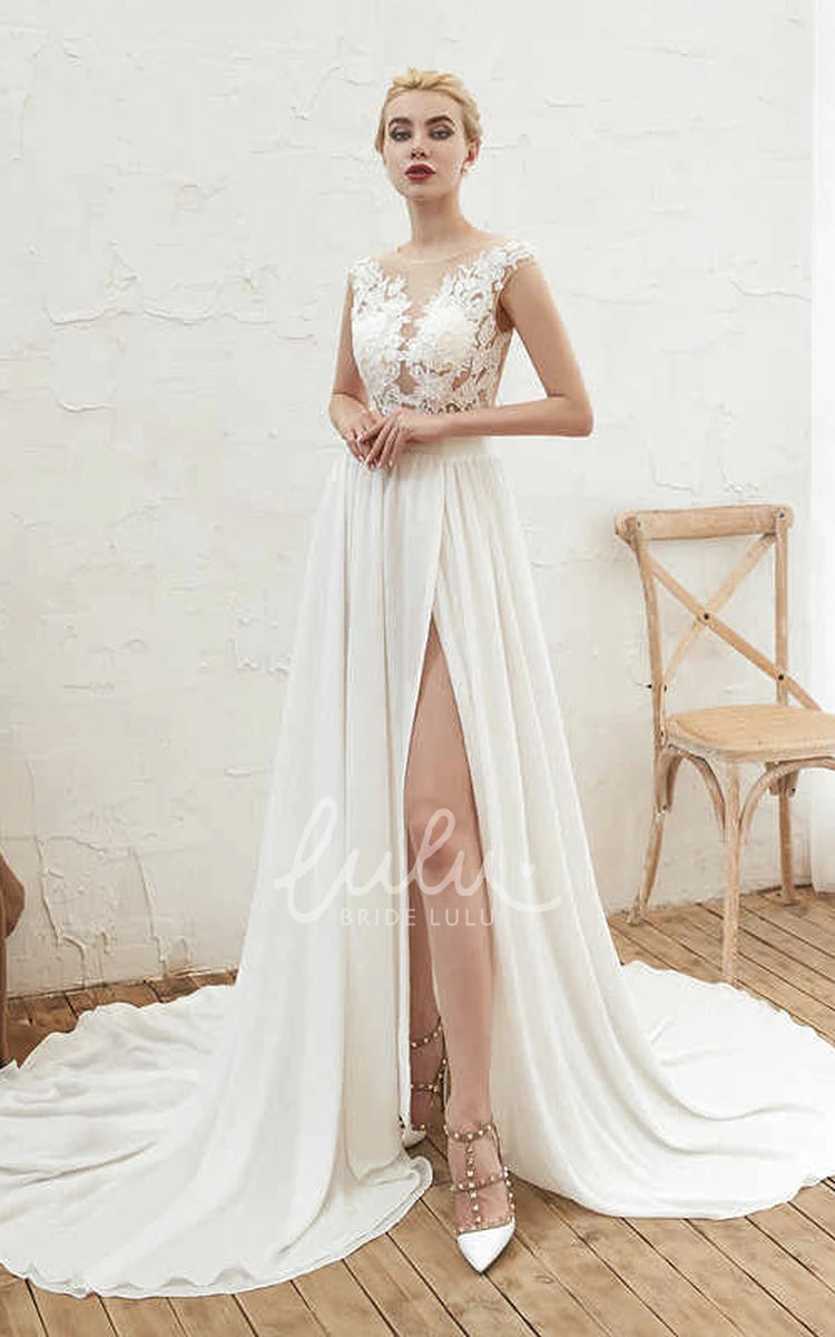 Illusion Cap Sleeve A-line Chiffon Bridal Gown with Lace Appliques