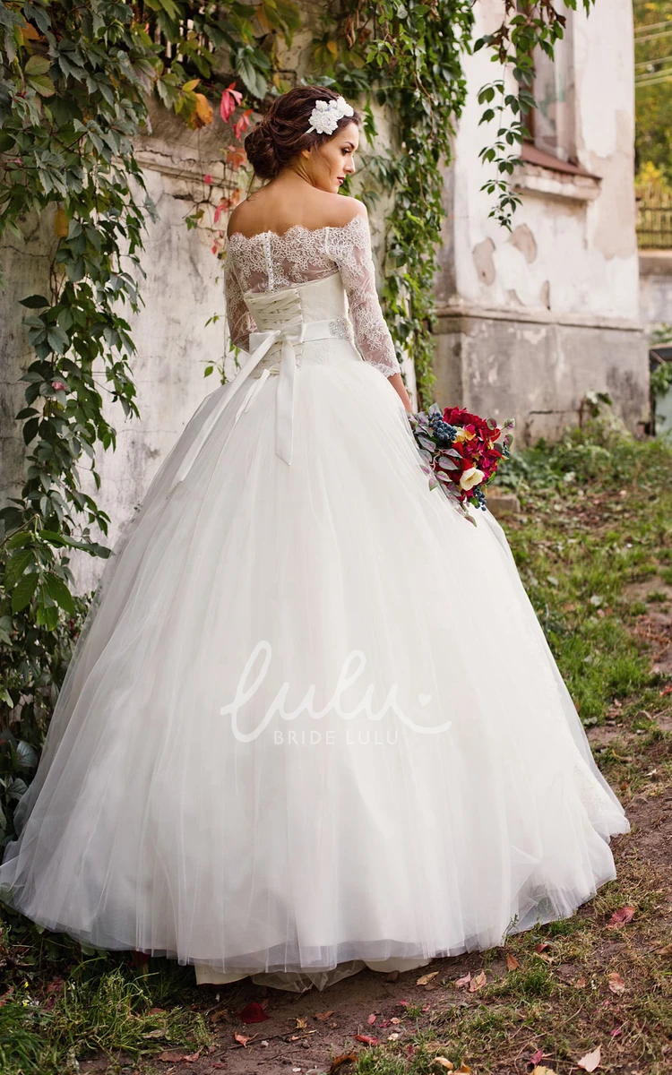 Off-The-Shoulder Lace Tulle Ball Gown Dress with Appliques and Beading