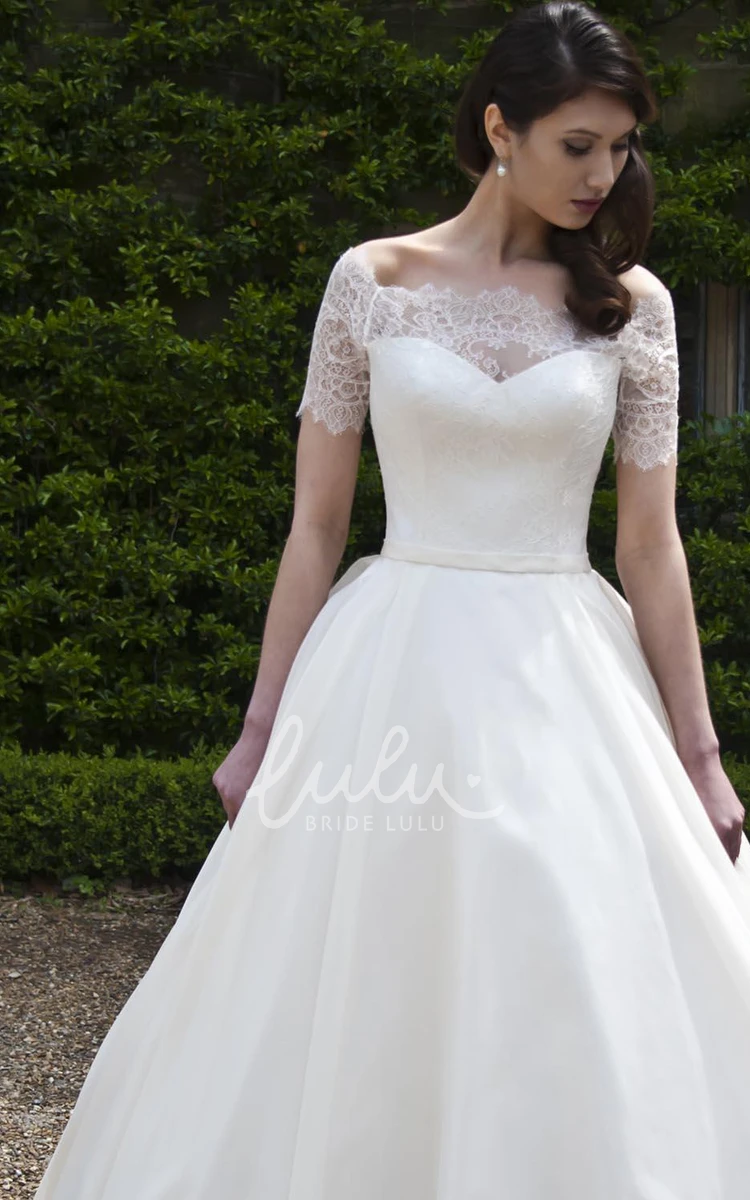 Short Sleeve Tulle and Satin Ball Gown Wedding Dress with Bateau Neckline