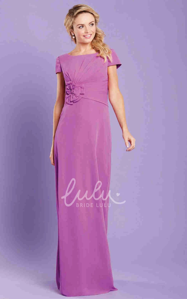 Floral Chiffon Bridesmaid Dress with Short Sleeves and Bateau Neckline