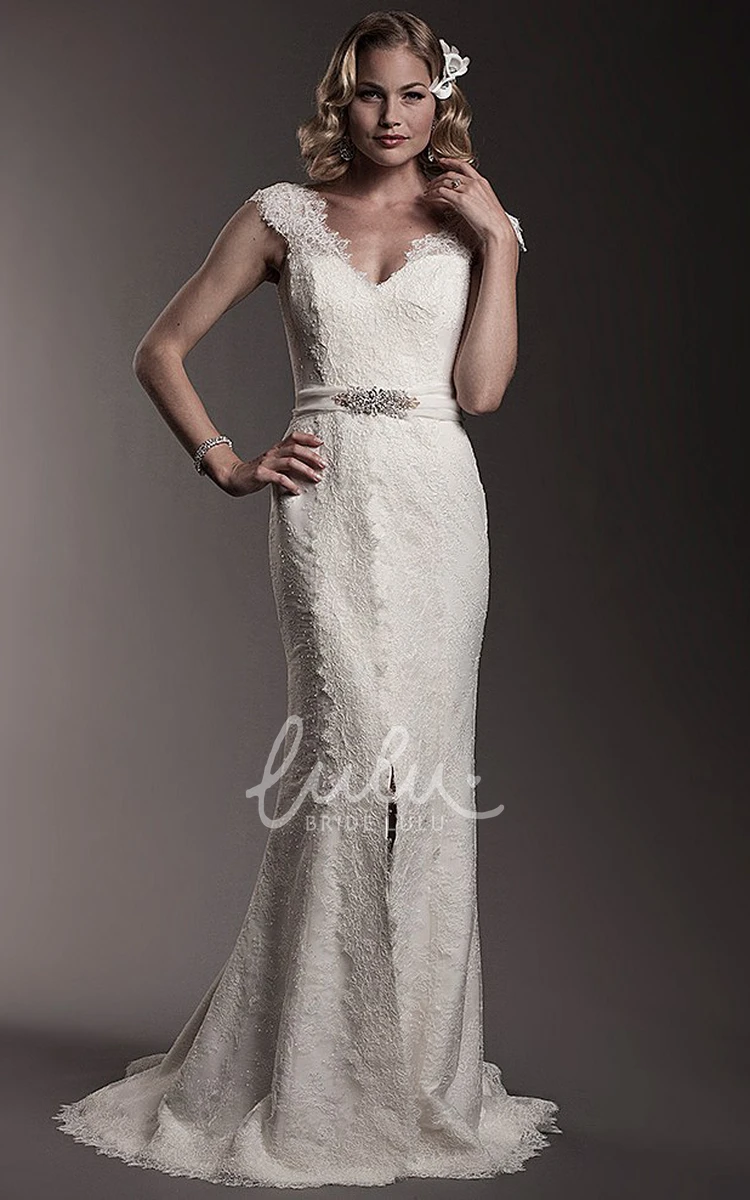 Maxi Cap-Sleeve Lace Wedding Dress with V-Neck and Waist Jewelry