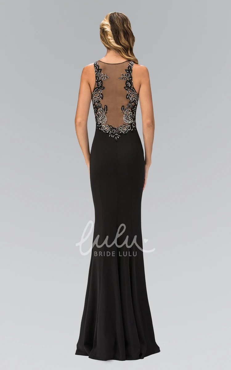 Sleeveless Sheath Jersey Illusion Dress with Beading Long Scoop-Neck and Pleats