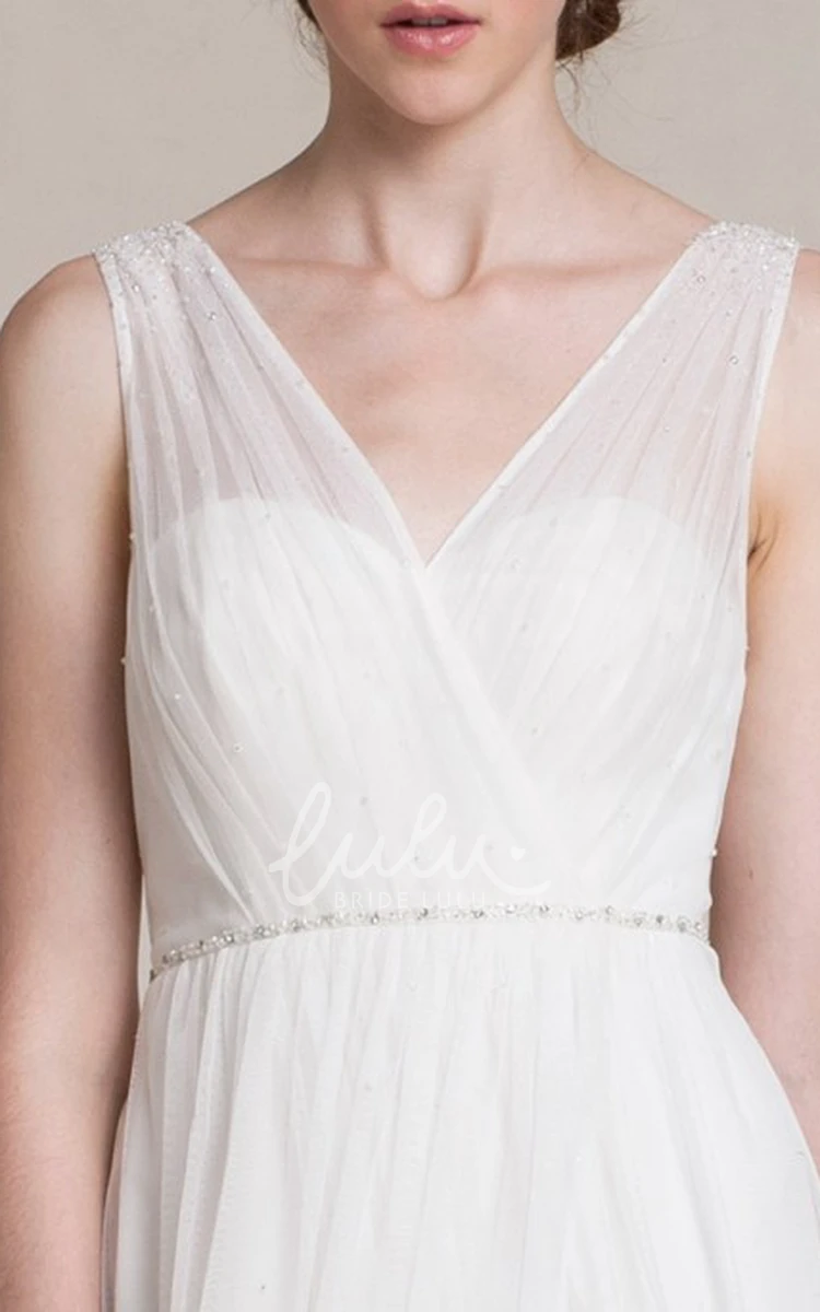 Sleeveless Tulle A-Line Wedding Dress with V-Neck and Jeweled Embellishments