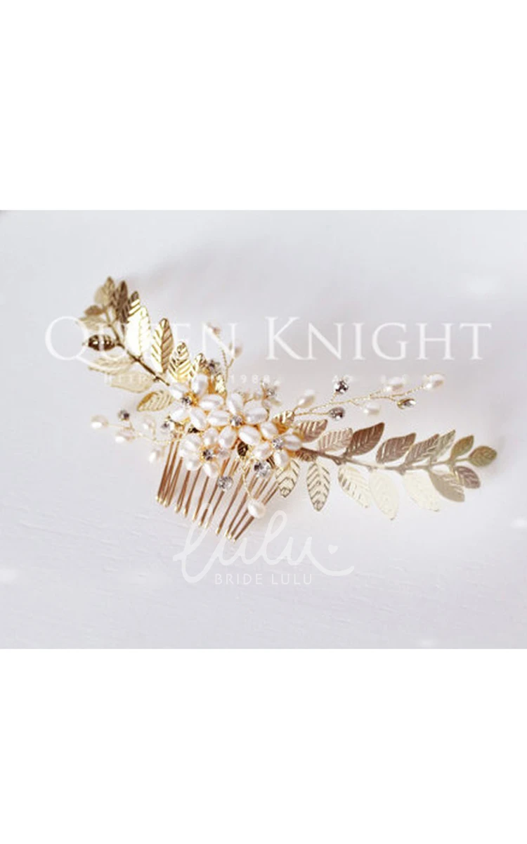 Western Style Pearl Rhinestone Gold Leaf Hair Comb for Bridal Hairstyles