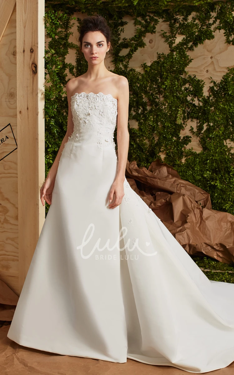 Satin Strapless Appliqued Wedding Dress A-Line Style with Floor-Length