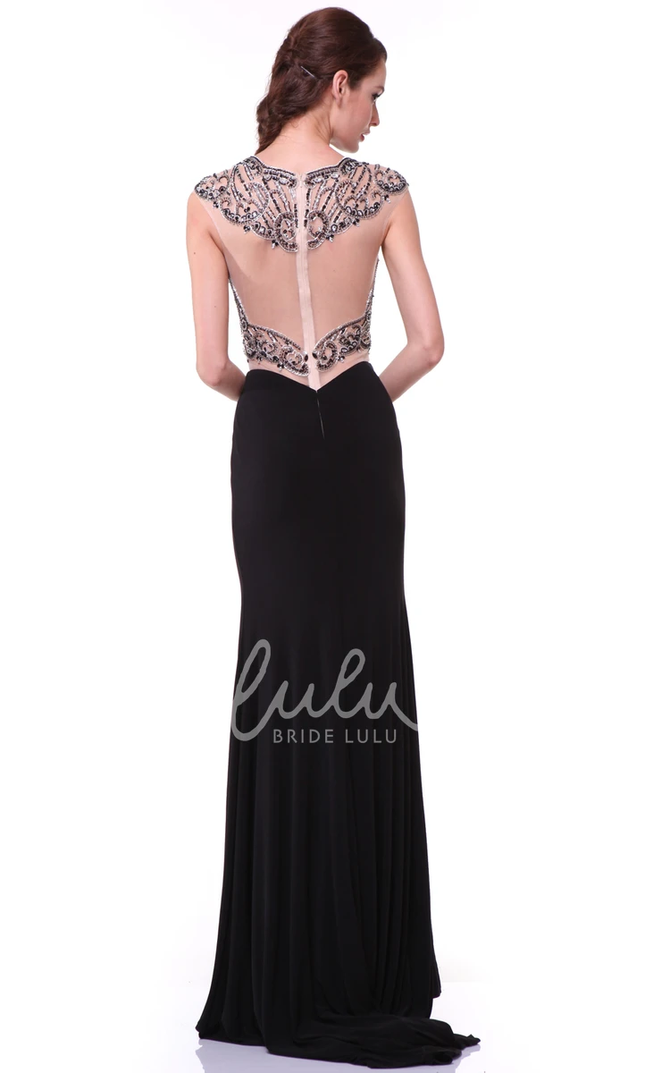 Maxi Cap-Sleeve Jersey Illusion Sheath Dress with Beading and Split Front