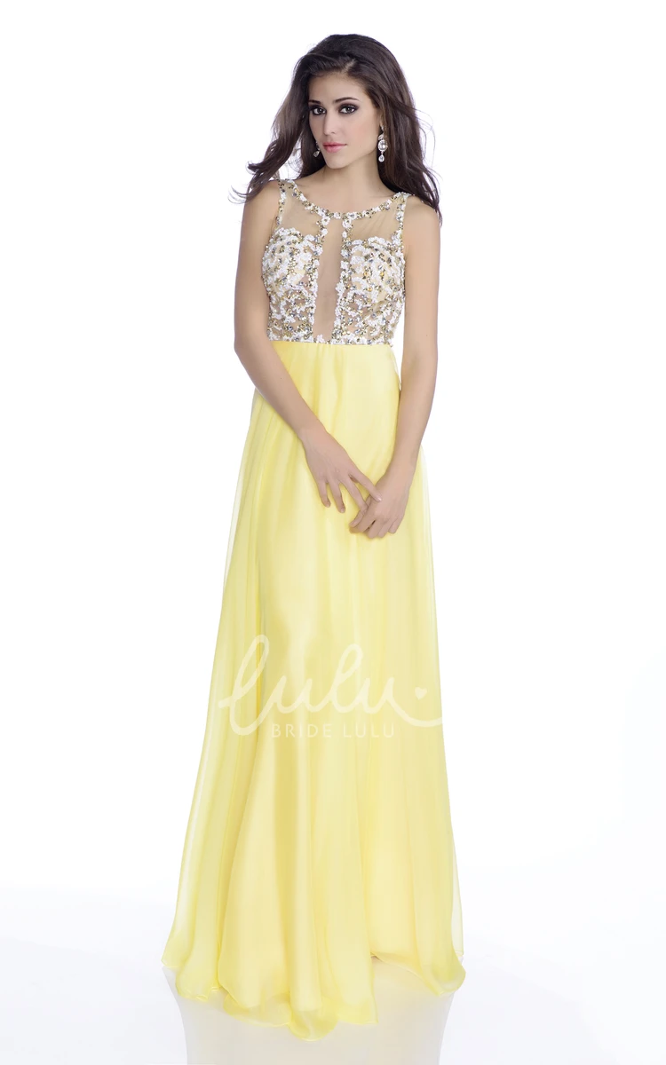 Chiffon Sleeveless Prom Dress with Sequined Bodice Long A-Line Style