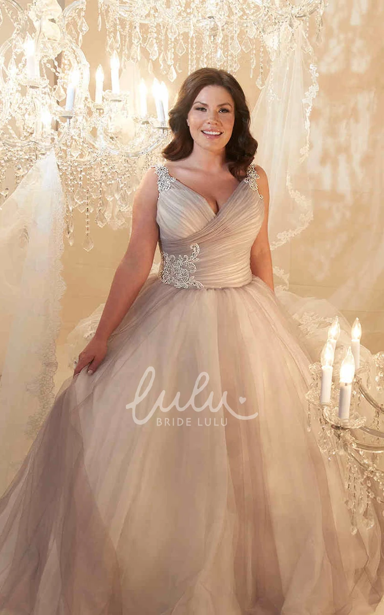 V-Neck Beaded Sleeveless Tulle Plus Size Wedding Dress Ball Gown Lace Up Criss Cross