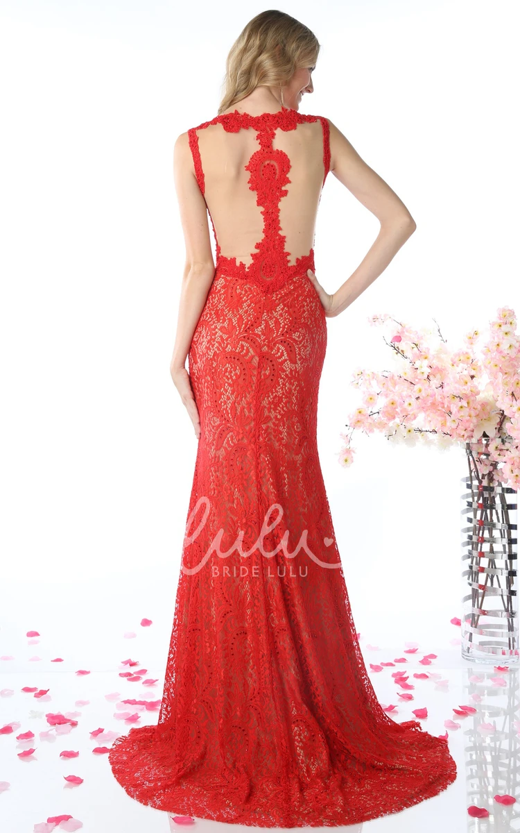 Scoop-Neck Lace Illusion Dress with Appliques and Split Front for a Unique Look