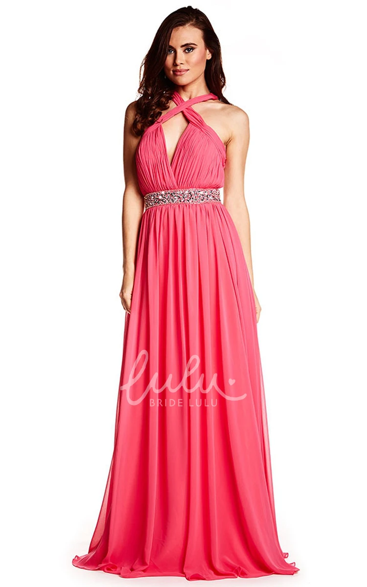 Ruched Halter Chiffon Prom Dress Flowy Prom Dress