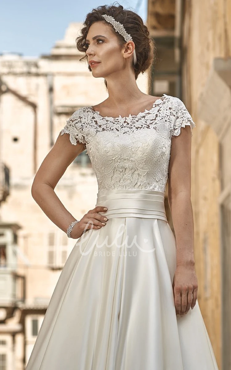 Short-Sleeve Lace Satin A-Line Wedding Dress