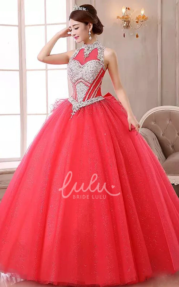 Ball Gown Organza Tulle Prom Dress with Beading and Ruffles Sleeveless and High Neck