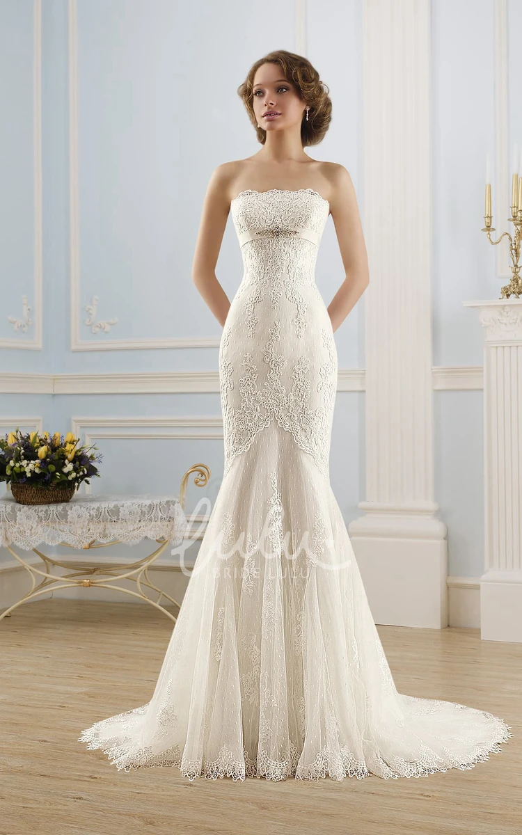 Strapless Mermaid Lace Tulle Wedding Dress with Beading and Appliques