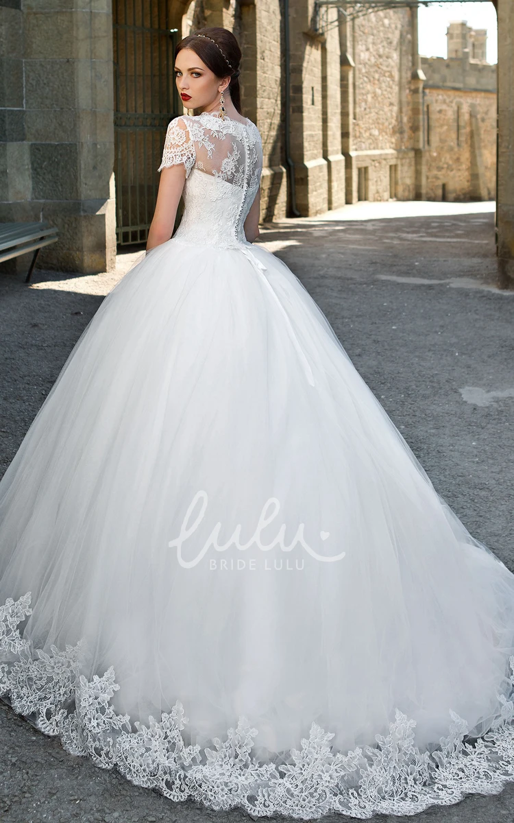 V-Neck Tulle Wedding Dress with Cap-Sleeves and Appliques